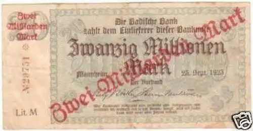 Banknote 2 Milliarden Mark Inflation Mannheim 1923