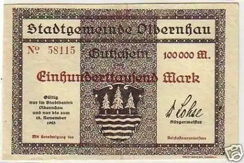 Inflation Banknote 100000 Mark Olbernhau 1923