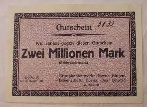 Banknote Inflation 2 Millionen M. Braunkohlenwerk Borna