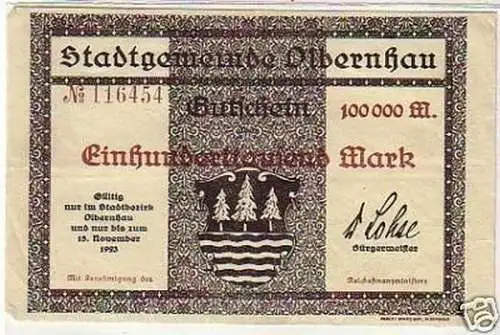 Inflation Banknote 100000 Mark Olbernhau 1923