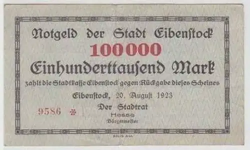 Banknote Inflatione 100000 Mark Stadt Eibenstock 1923