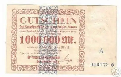 Banknote Inflation Landkreis Linden 1 Million Mark 1923