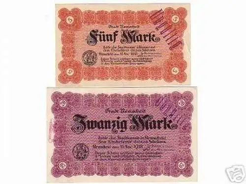 2 seltene Banknoten Kriegsnotgeld Stadt Remscheid 1918