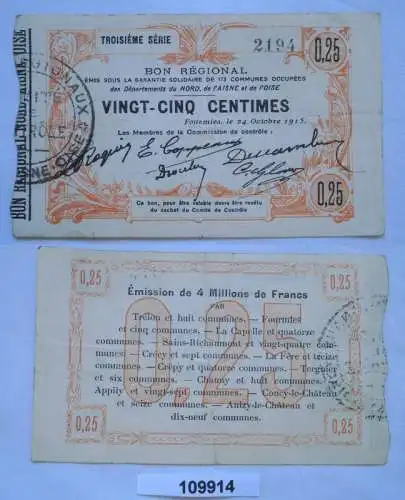 Notgeld Frankreich Bon Régional des Départ du Nord Fourmies billet 1915 (109914)