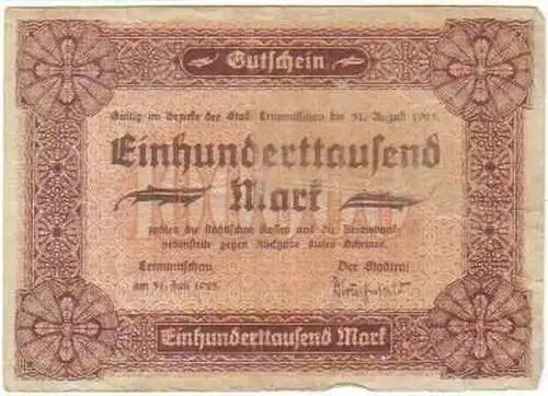 100000 Mark Banknote Inflation Stadt Crimmitschau 1923