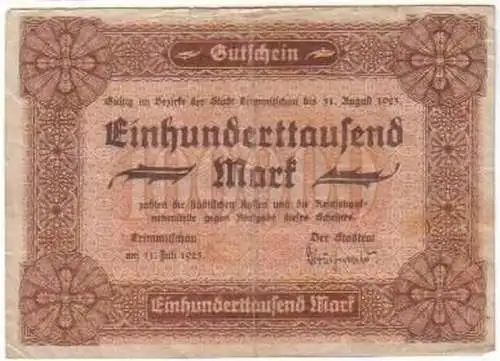 100000 Mark Banknote Inflation Stadt Crimmitschau 1923