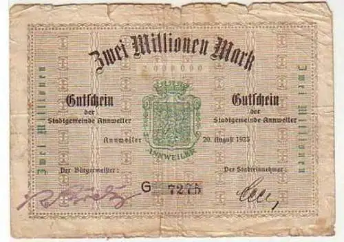 Banknote Inflation 2 Millionen Mark Annweiler 1923