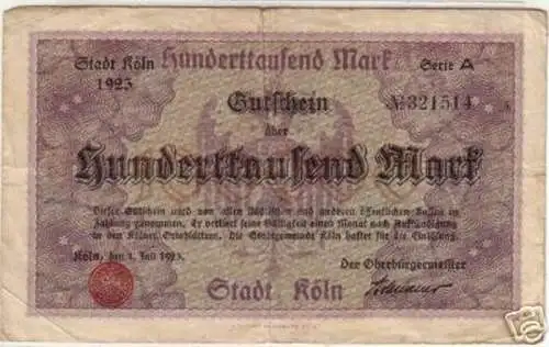 Banknote Inflation 100000 Mark Stadt Köln 1923