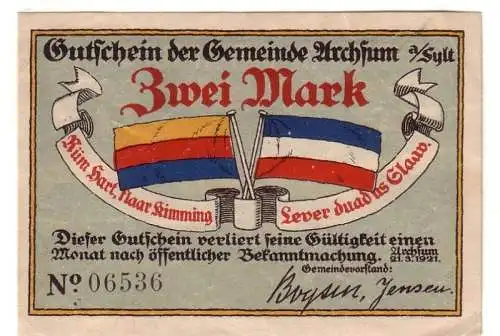 2 Mark Banknote Notgeld Gemeinde Archsum auf Sylt 1921