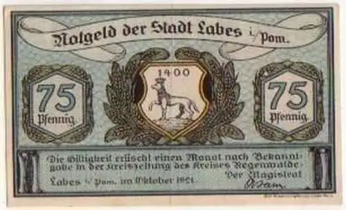 75 Pfennig Banknote Notgeld Stadt Labes in Pom. 1921