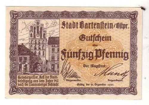 50 Pfennig Banknote Notgeld Stadt Bartenstein Ostpreussen 1921