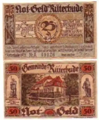 2 Banknoten Notgeld der Gemeinde Ritterhude 1921