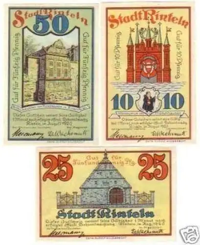 3 Banknoten Notgeld der Stadt Rinteln a.W. 1920