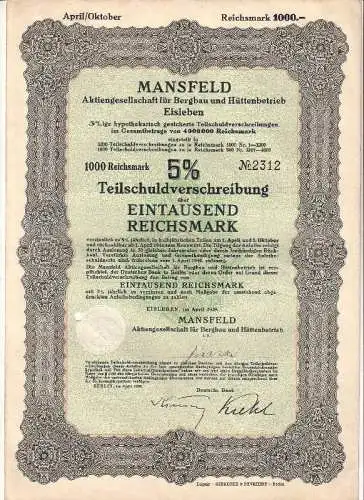 alte Aktie Mansfeld AG für Bergau und Hüttenbetrieb Eisleben 1000 Mark 1939