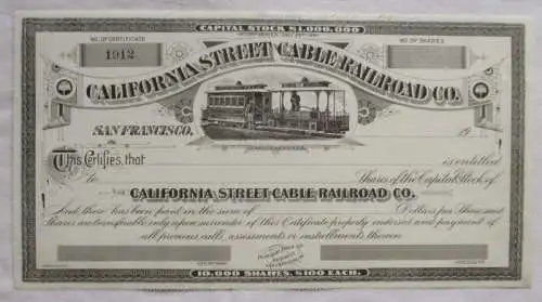 100 Dollar Aktie Californiastreet Cable Railroad Co 1912 (120098)