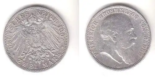 2 Mark Silbermünze Baden Großherzog Friedrich 1907 Jäger 32  (112027)