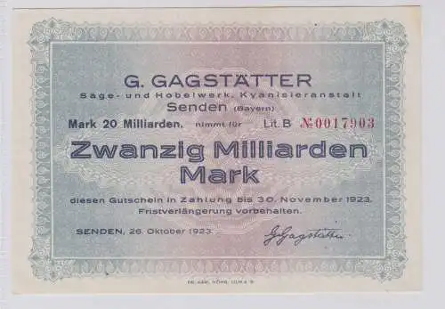 20 Milliarden Mark Banknote Senden (Bayern) Sägewerk 26.10.1923 (126113)