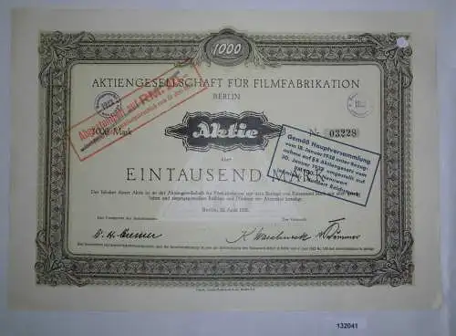 1000 Mark Aktie AG für Filmfabrikation Berlin 20. April 1921 (132041)