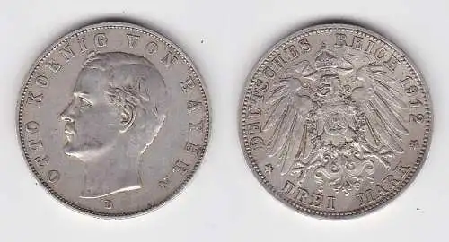 3 Mark Silber Münze Bayern König Otto 1912 D ss (145604)