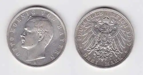 3 Mark Silber Münze Bayern König Otto 1909 D ss (140291)