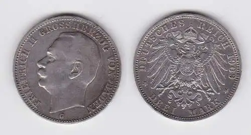 3 Mark Silbermünze Baden Großherzog Friedrich II 1909 Jäger 39 ss (143138)