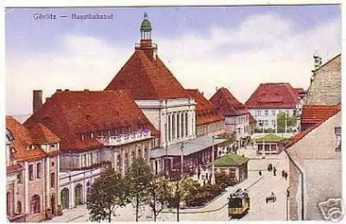 14890 Ak Görlitz Hauptbahnhof mit Straßenbahn um 1910