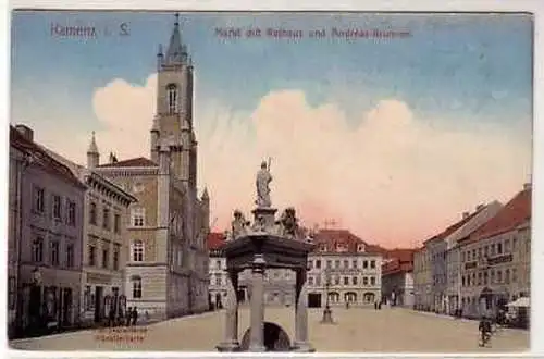 41677 Ak Kamenz Markt m. Rathaus + Andreas-Brunnen 1914