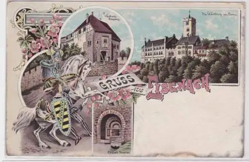 94503 Lithografie AK Gruss aus Eisenach - Wartburg, Ritter auf Pferd & Brunnen