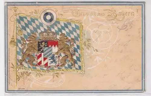 90895 Präge AK Gruss aus Bayern - bayrisches Wappen auf Staatsflagge 1900