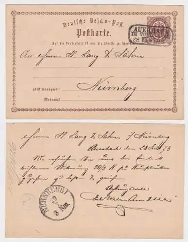 97082 DR Ganzsachen Postkarte P1 Auerbach an H. Lang & Söhne Nürnberg 1873