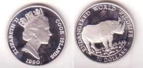 50 Dollar Silber Münze Cook Insel 1990 Spitzmaulnashorn