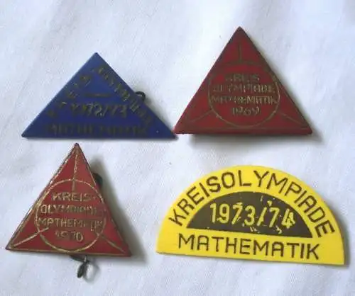 4 DDR Abzeichen Kreisolympiade Mathematik 1969, 1970, 1972/73, 1973/74