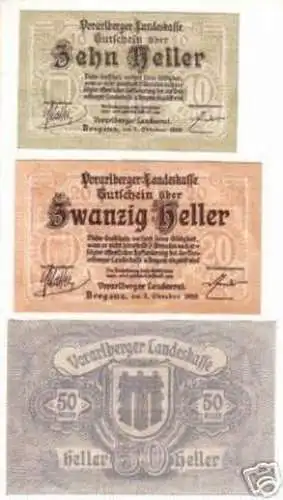 3 Banknoten Notgeld Vorarlberger Landeskasse Bregenz