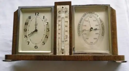 Schöne alte Tischuhr mit Wecker, Barometer und Thermometer um 1920