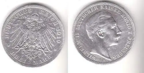 3 Mark Silbermünze Preussen Kaiser Wilhelm II 1910 Jäger 103  (111522)