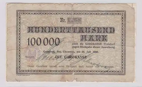 100000 Mark Banknote Inflation Gersdorf Bezirk Chemnitz 26.7.1923 (125949)