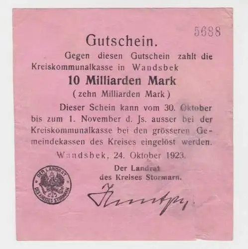 10 Milliarden Mark Banknote Inflation Notgeld Kreis Stormarn 24.10.1923 (137275)