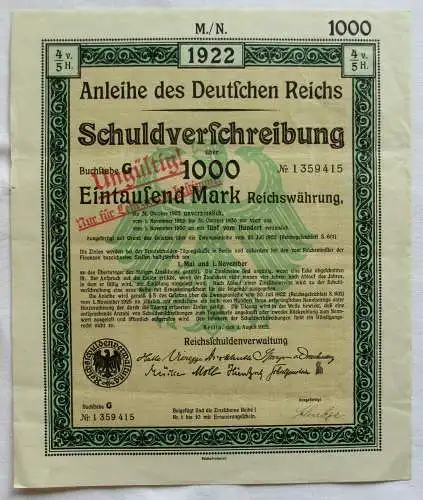 1000 Mark Aktie Schuldenverschreibung deutsches Reich Berlin 01.08.1922 (135918)