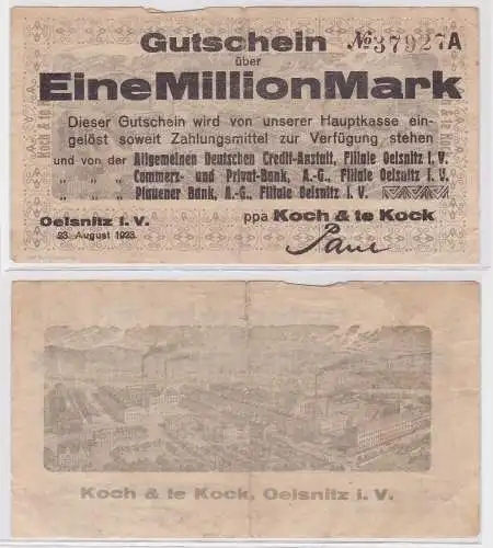 1 Million Mark Banknote Oelsnitz Vgtl. Koch & te Kock 23.8.1923 (122574)