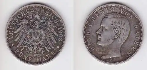 5 Mark Silbermünze Bayern König Otto 1903 Jäger 46 ss+ (106212)