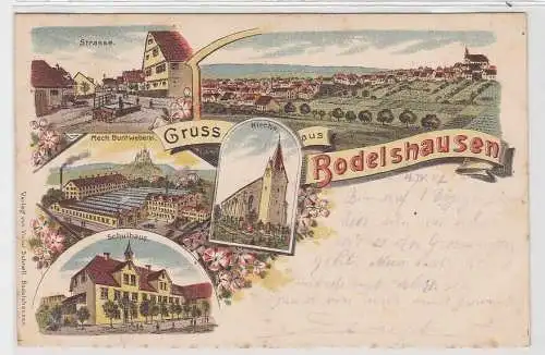 60265 Lithographie Ak Gruss aus Bodelshausen - Strasse, Buntweberei, Schulhaus