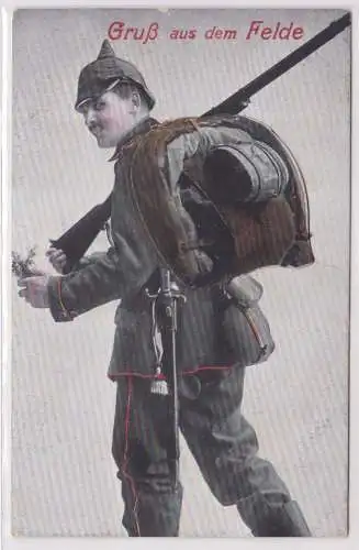 91472 Leporello Ak Gruß aus dem Felde Soldat mit Tornister um 1915