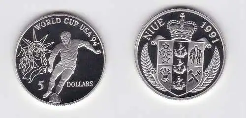 5 Dollar Silber Münze Niue 1991 Fussball WM USA 1994 PP (131873)