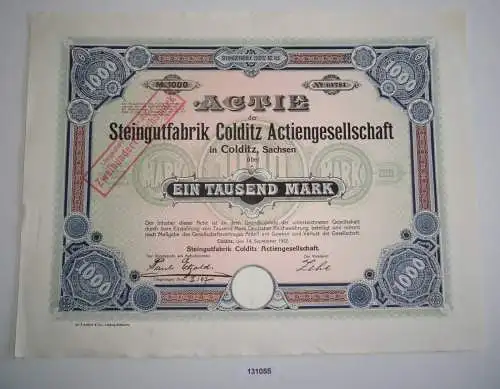 1000 Mark Aktie Steingutfabrik Colditz AG 14. September 1922 (131055)