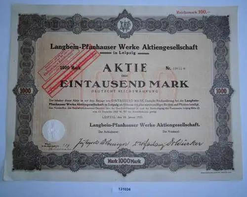 1000 Mark Aktie Langbein-Pfanhauser Werke AG Leipzig 10. Januar 1923 (131034)