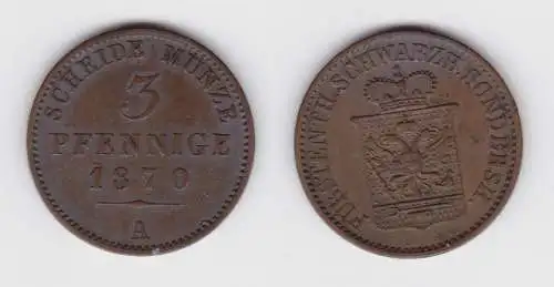 3 Pfennig Kupfer Münze Schwarzburg-Sondershausen 1870 A f.vz (150838)