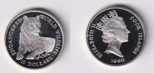 10 Dollar Silber Münze Cook Inseln WWF Tiger 1990 PP (119938)