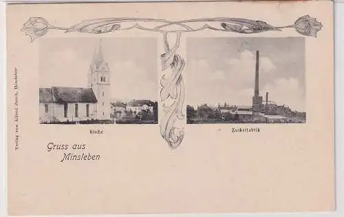 82782 Mehrbild Ak Gruß aus Minsleben bei Wernigerode Kirche und Zuckerfabrik