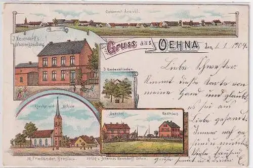 37493 Ak Lithographie Gruß aus Oehna (Niedergörsdorf) Gasthaus, Bahnhof usw.1904