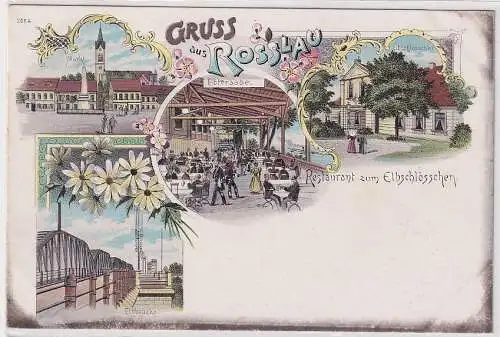 98352 Ak Lithographie Gruß aus Rosslau Restaurant zum Elbschlösschen um 1900